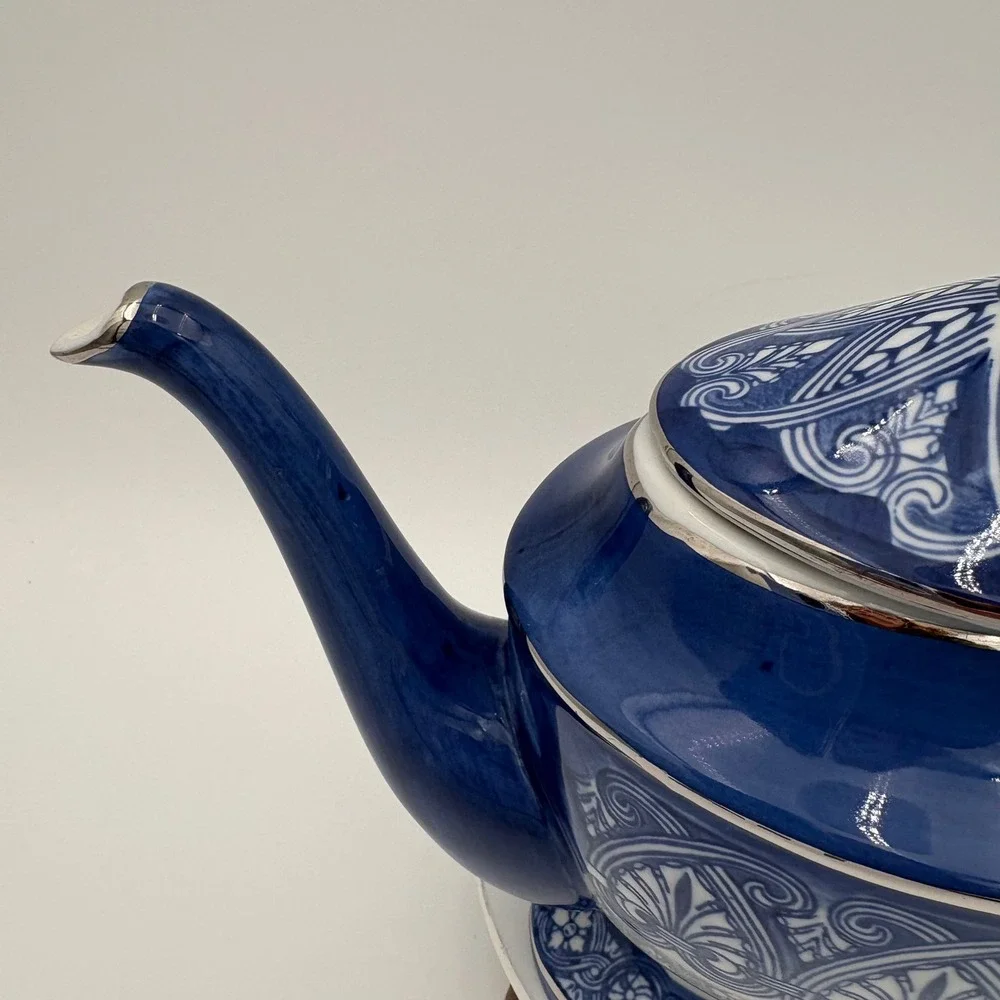 Bombay Blue White Silver Trim‎ Ceramic Teapot Decorative VTG
